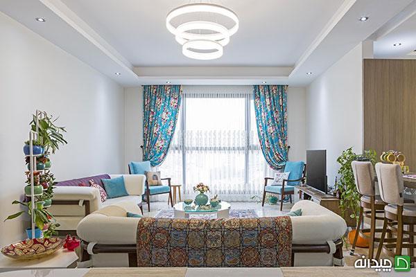 دکوراسیون منزل ایرانی با رنگ های آبی و کرم